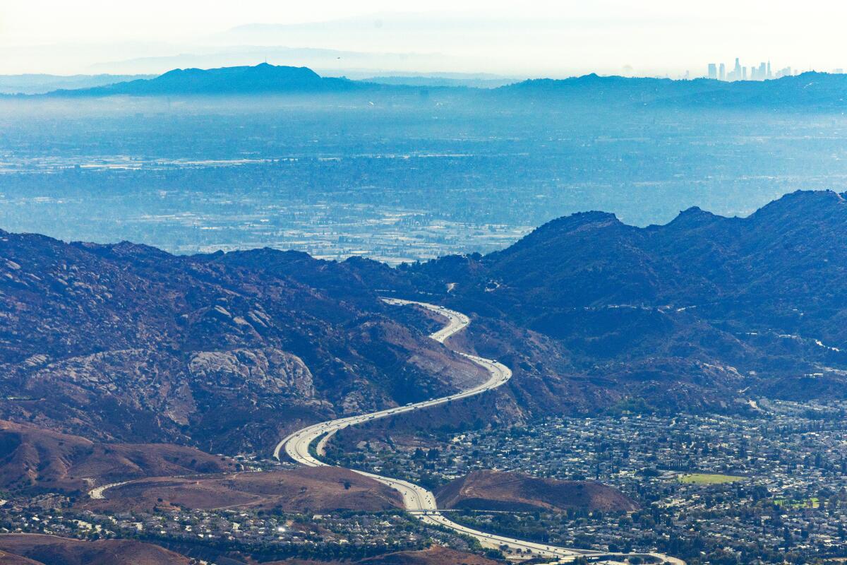A view from above Simi Valley to the Santa Susanna Pass, San Fernando Valley and beyond toward Downtown Los Angeles 