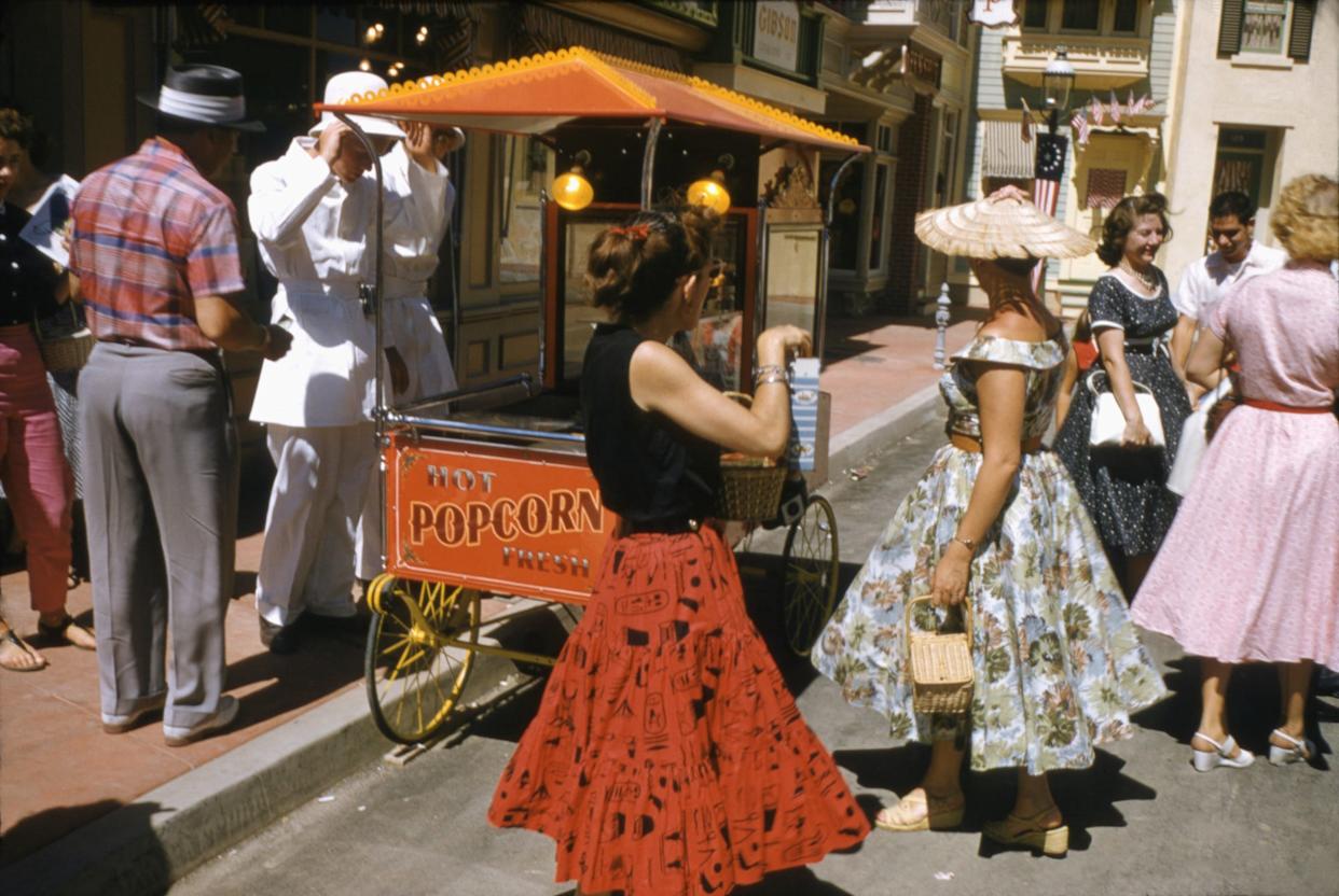 A popcorn cart at Disneyland on opening day.