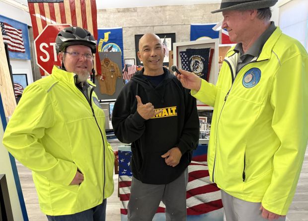 Joe Pisano (center) is interviewed in his art studio at Liberty Station in Point Loma on Jan. 8 by Chris Stoefen (left) and Gary Stoefen for a "Keepin It Real" episode. (Courtesy of Gary Stoefen)