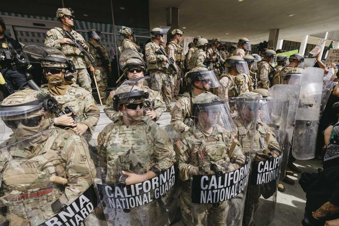California National Guard members stand in formation during the protest in Los Angeles, California on June 14, 2025.