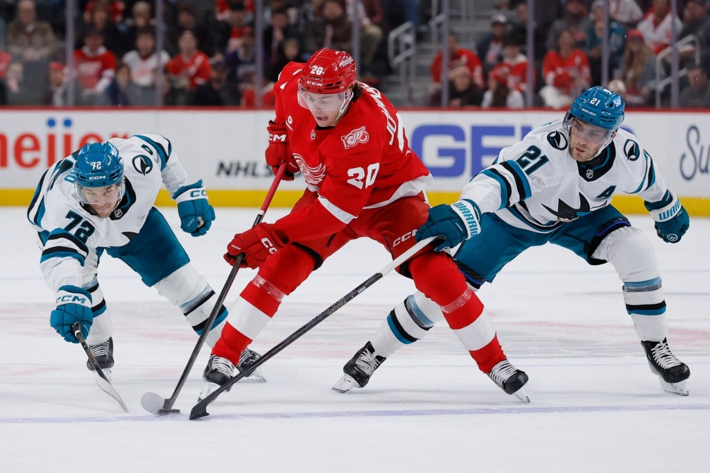 San Jose Sharks lose to Detroit Red Wings as Will Smith scores in return