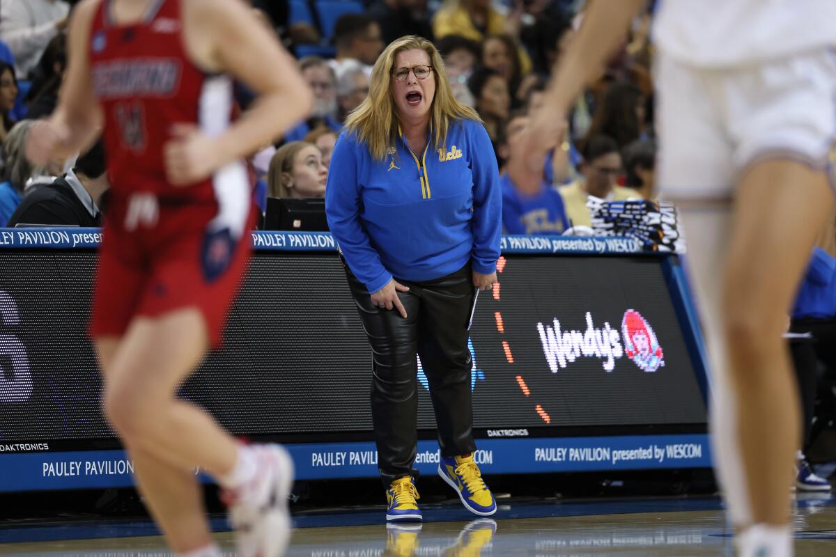 UCLA coach Cori Close instructs her players during a win over Richmond in the NCAA tournament in March.
