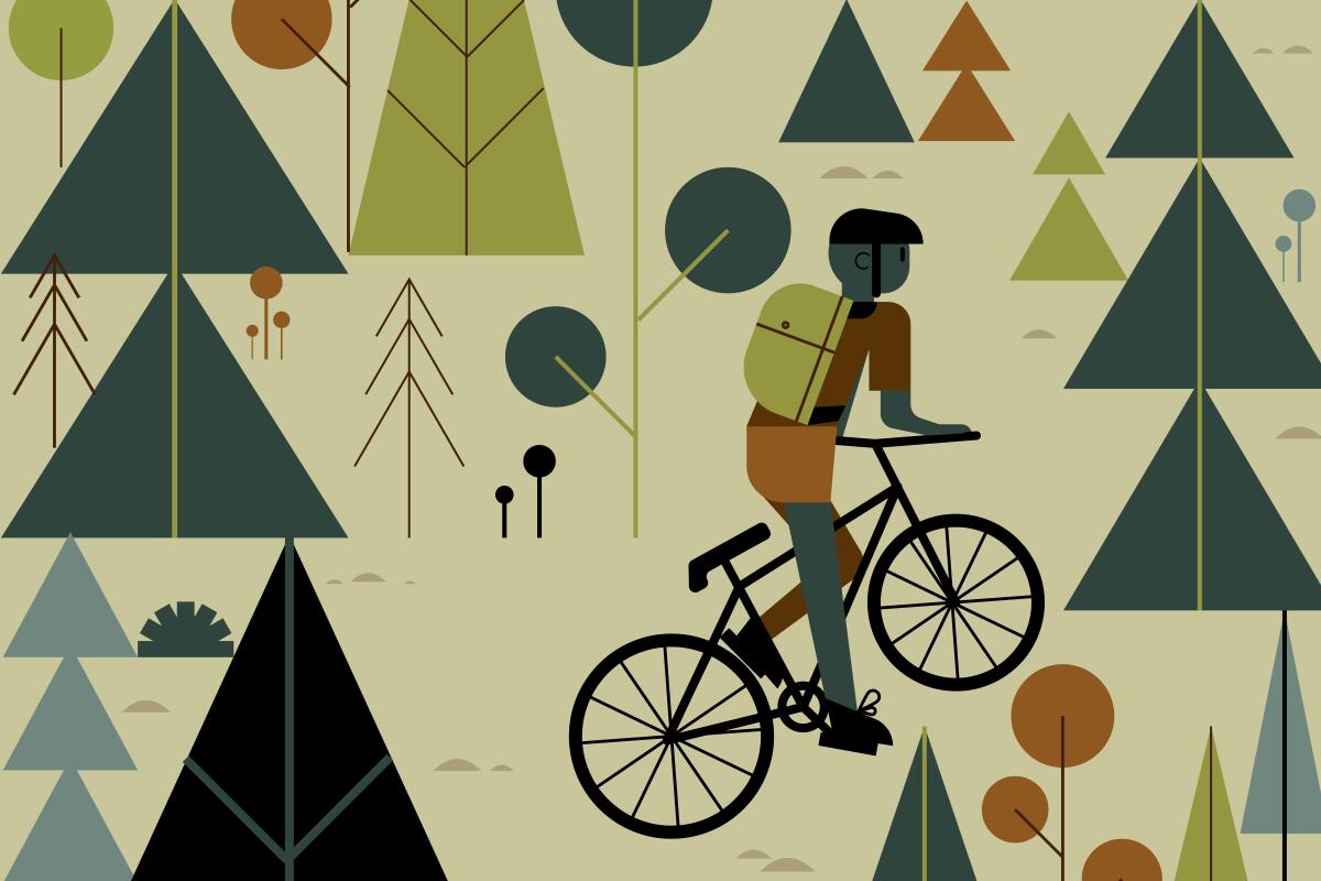 illustration of a figure wearing a backpack and riding a bike through a forest