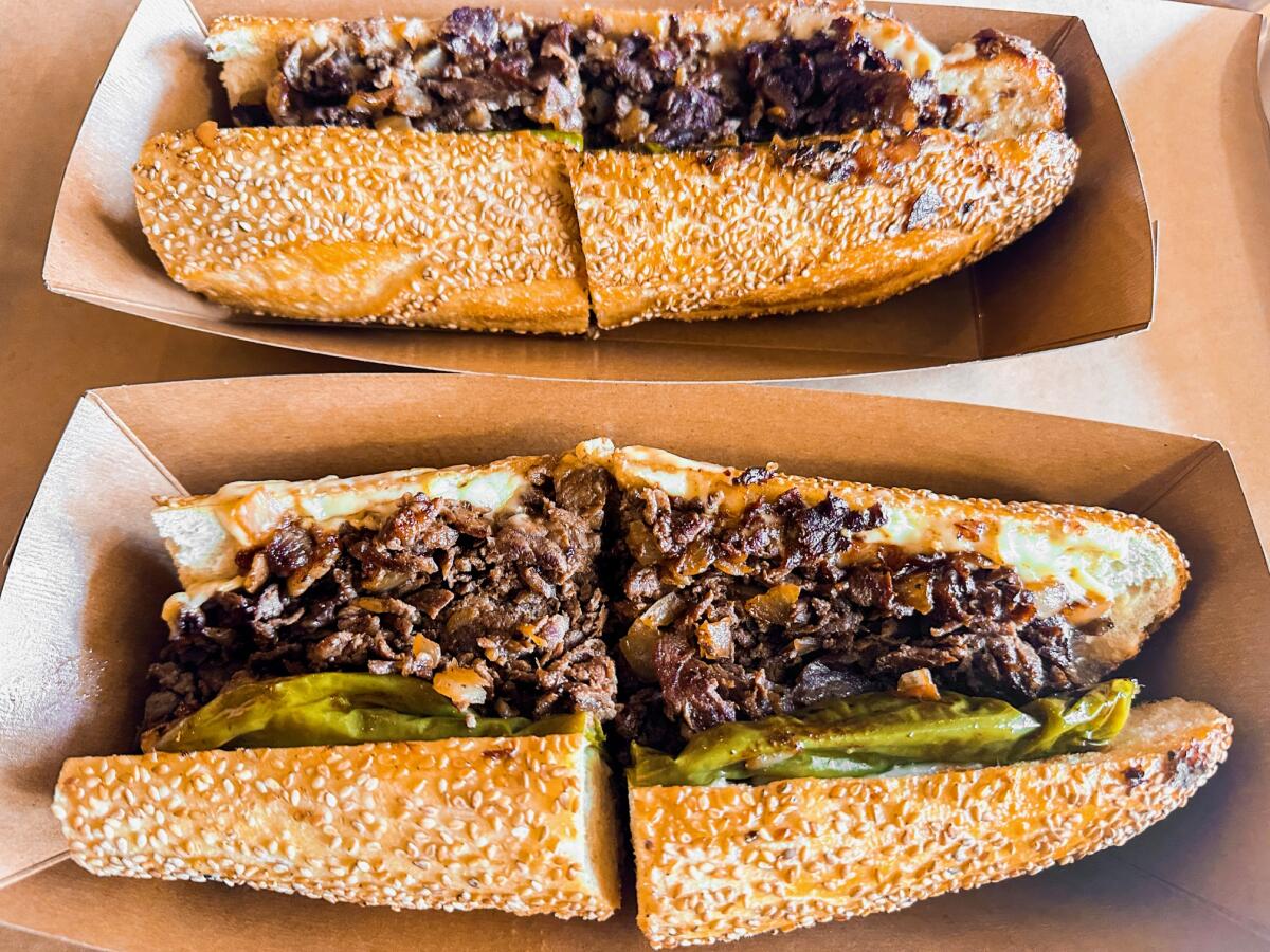 Signature cheesesteaks — made with wagyu beef, grilled onions and long hot peppers — at Cheesesteaks by Matū in Pasadena.