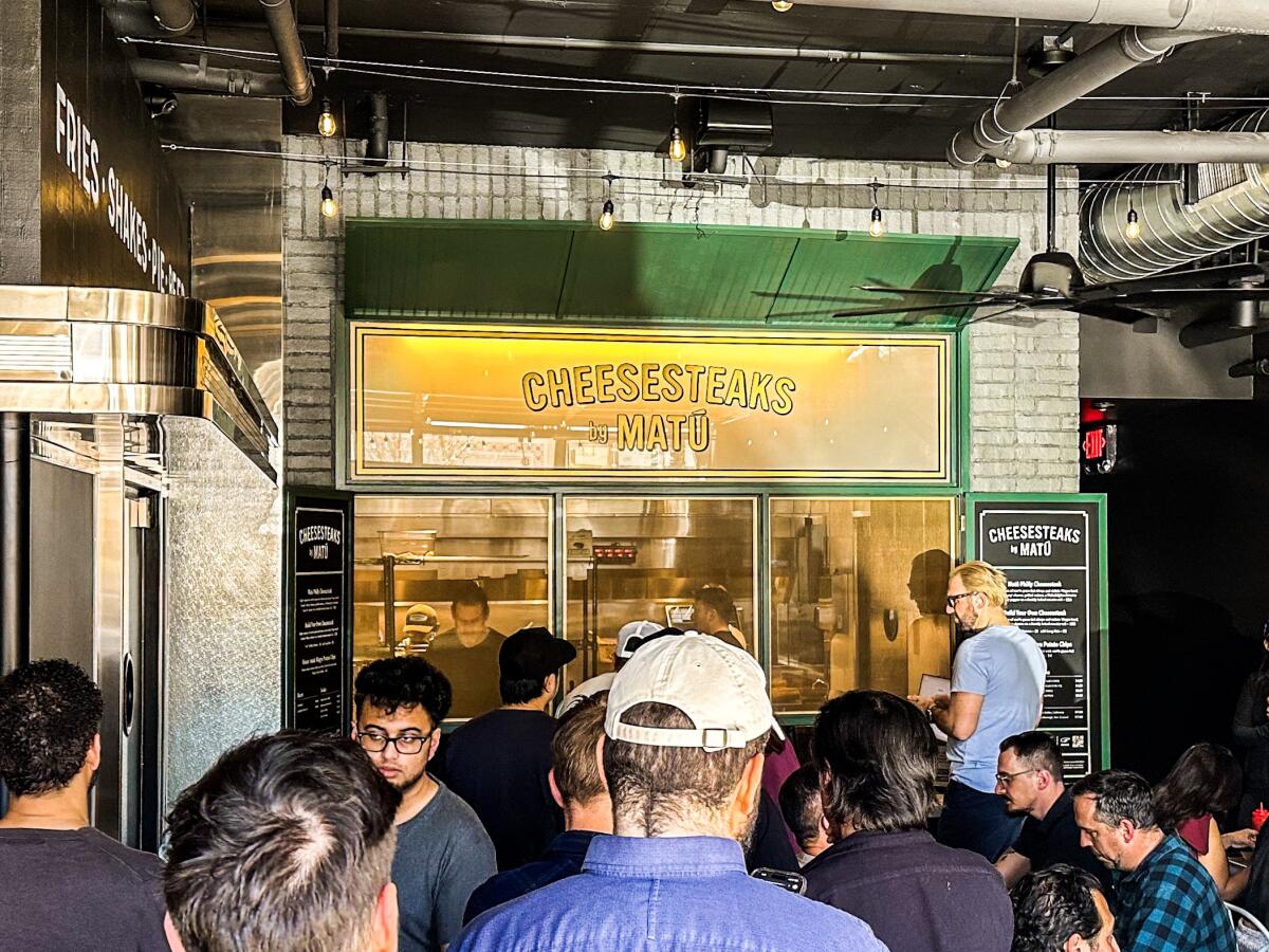The midafternoon line on the second day of business at Cheesesteaks by Matū in Pasadena.