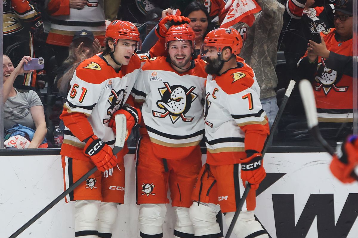 Anaheim Ducks center Mason McTavish (23) celebrates a goal in the first period with teammates during an NHL game against the Los Angeles Kings  on January 17, 2026 in Anaheim, CA.