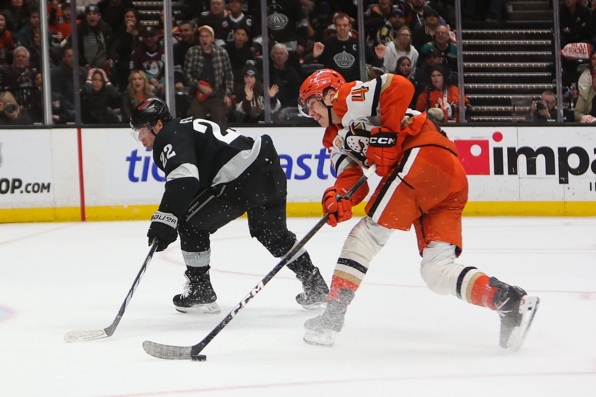 Anaheim Ducks right wing Beckett Sennecke (45) takes a shot on goal during an NHL game against the Los Angeles Kings  on January 17, 2026 in Anaheim, CA.