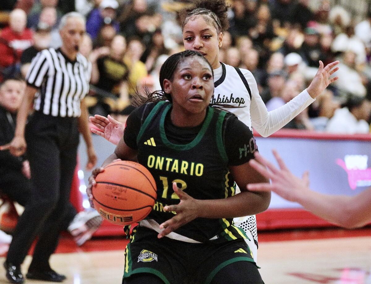 Ontario Christian sophomore forward Tatianna Griffin powers her way to the basket during a win over Archbisop Mitty.