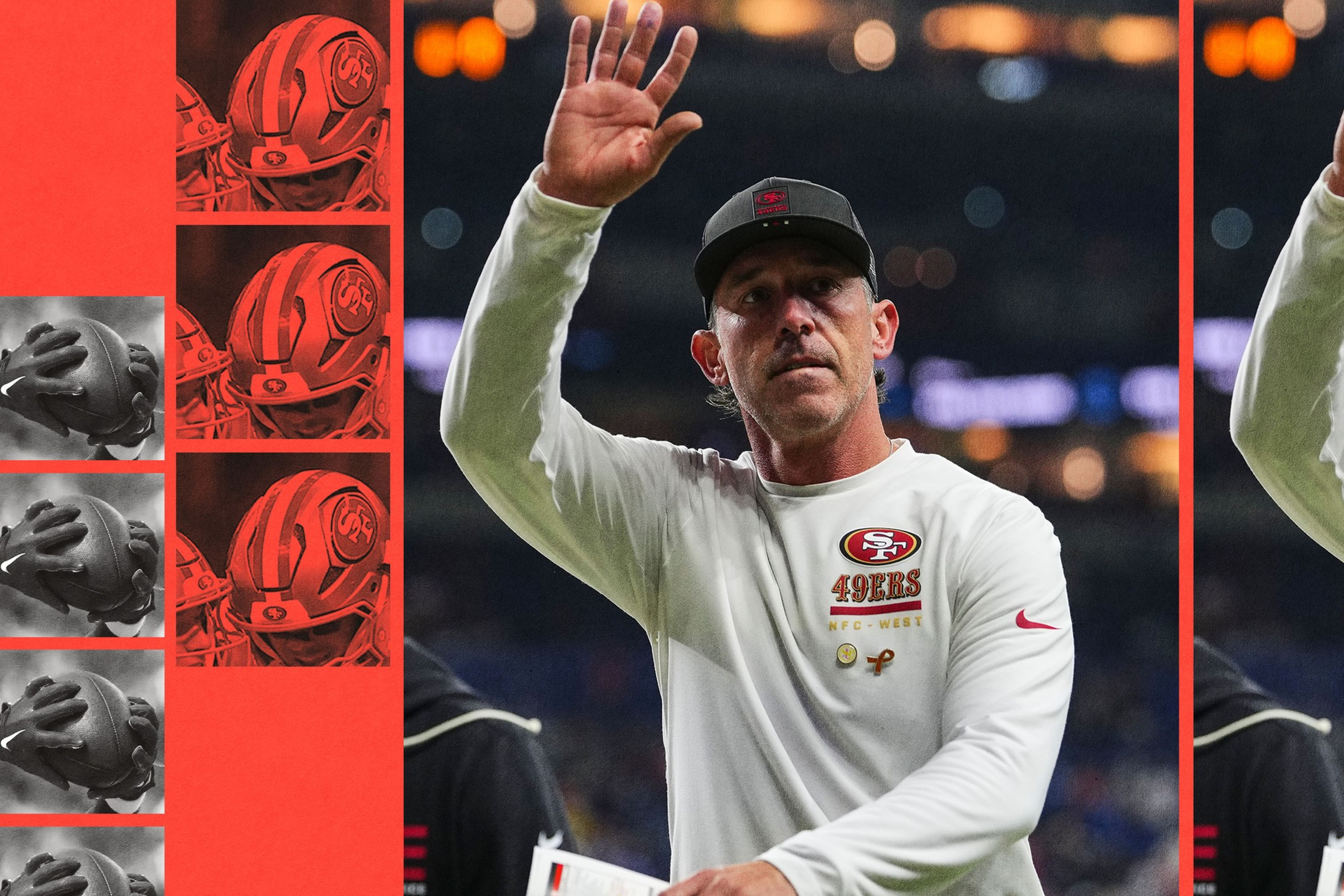 A man wearing a white San Francisco 49ers shirt and black cap raises his hand, with a patterned red border featuring football images on the left.