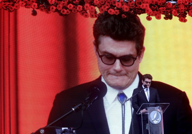 Dead & Company lead guitarist John Mayer speaks at the Bob Weir memorial at Civic Center Plaza in San Francisco, Calif., on Saturday, Jan. 17, 2026. Thousands of people gathered to say goodbye to the Grateful Dead's co-founder and guitarist, who passed away on Jan. 10. (Jane Tyska/Bay Area News Group)