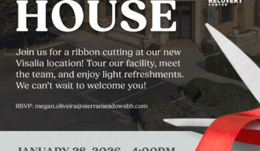 Open house infographic with event details and contact information. There is a pair of scissors cutting a red ribbon in the bottom right corner.