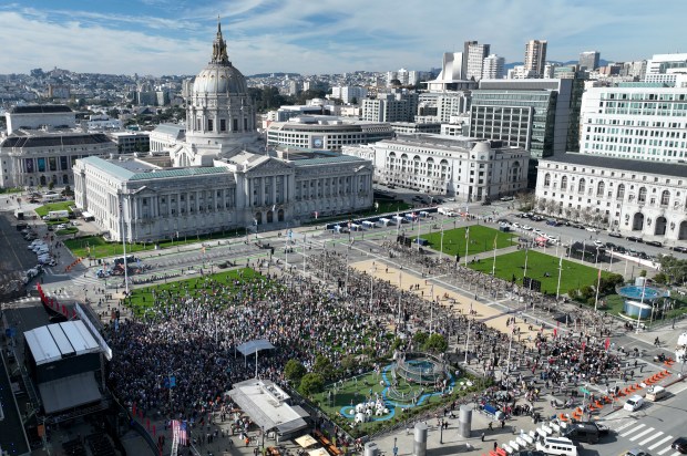 Grateful Dead fans attend the Bob Weir memorial at Civic Center Plaza in San Francisco, Calif., on Saturday, Jan. 17, 2026. Thousands of people gathered to say goodbye to the band's co-founder and guitarist, who passed away on Jan. 10. (Jane Tyska/Bay Area News Group)