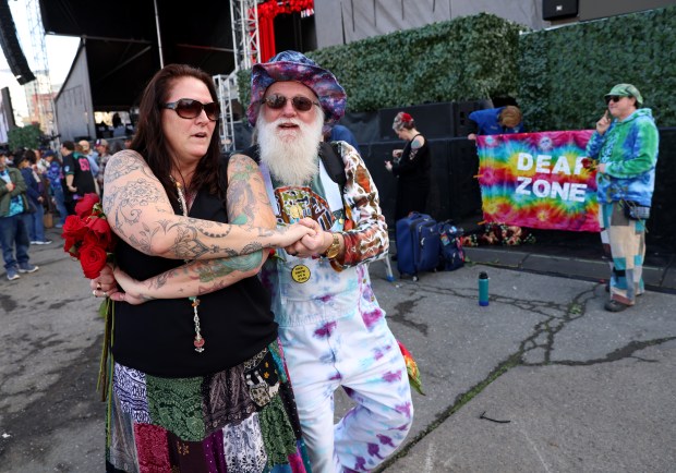 Grateful Dead fans Arlon Owensby, of Seattle, and Andrea Harold, of Sacramento, dance at the Bob Weir memorial at Civic Center Plaza in San Francisco, Calif., on Saturday, Jan. 17, 2026. Thousands of people gathered to say goodbye to the band's co-founder and guitarist, who passed away on Jan. 10. (Jane Tyska/Bay Area News Group)