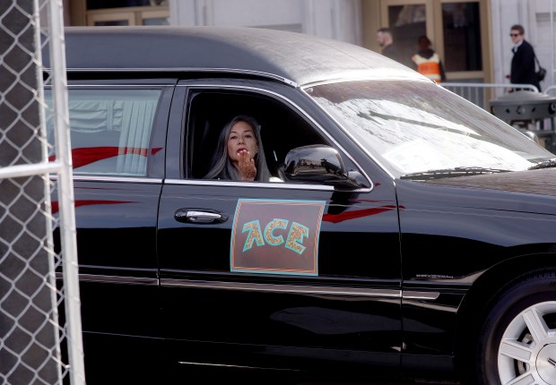 Bob Weir's wife Natascha Münter, blows a kiss to fans from his hearse as they arrive for a memorial at Civic Center Plaza in San Francisco, Calif., on Saturday, Jan. 17, 2026. Thousands of people gathered to say goodbye to the Grateful Dead's co-founder and guitarist, who passed away on Jan. 10. (Jane Tyska/Bay Area News Group)