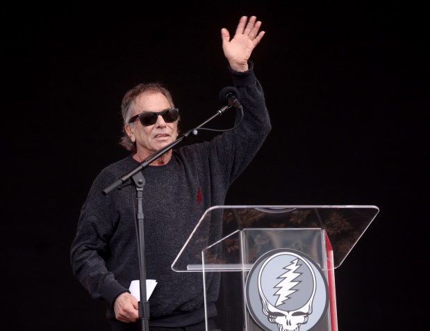 Grateful Dead drummer Mickey Hart speaks at the Bob Weir memorial at Civic Center Plaza in San Francisco, Calif., on Saturday, Jan. 17, 2026. Thousands of people gathered to say goodbye to the band's co-founder and guitarist, who passed away on Jan. 10. (Jane Tyska/Bay Area News Group)