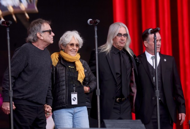 Grateful Dead drummer, Mickey Hart, musician and activist Joan Baez, and keyboardist Jeff Chimenti, from left, attend the Bob Weir memorial at Civic Center Plaza in San Francisco, Calif., on Saturday, Jan. 17, 2026. Thousands of people gathered to say goodbye to the band's co-founder and guitarist, who passed away on Jan. 10. (Jane Tyska/Bay Area News Group)
