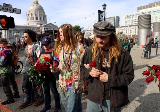 Grateful Dead fans attend the Bob Weir memorial at Civic Center Plaza in San Francisco, Calif., on Saturday, Jan. 17, 2026. Thousands of people gathered to say goodbye to the band's co-founder and guitarist, who passed away on Jan. 10. (Jane Tyska/Bay Area News Group)