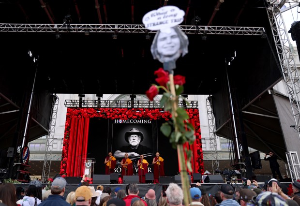 Buddhist monks chant at the Bob Weir memorial at Civic Center Plaza in San Francisco, Calif., on Saturday, Jan. 17, 2026. Thousands of people gathered to say goodbye to the Grateful Dead's co-founder and guitarist, who passed away on Jan. 10. (Jane Tyska/Bay Area News Group)