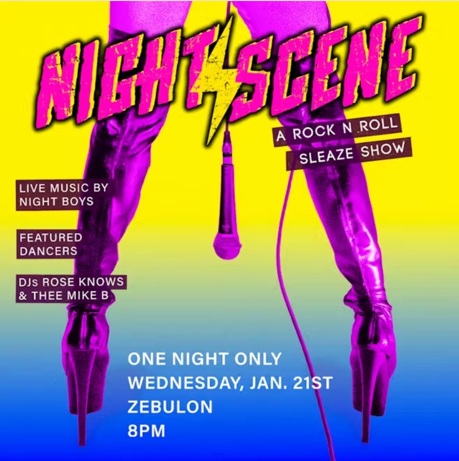 A poster for night scene featuring two legs wearing purple leather knee-high boots