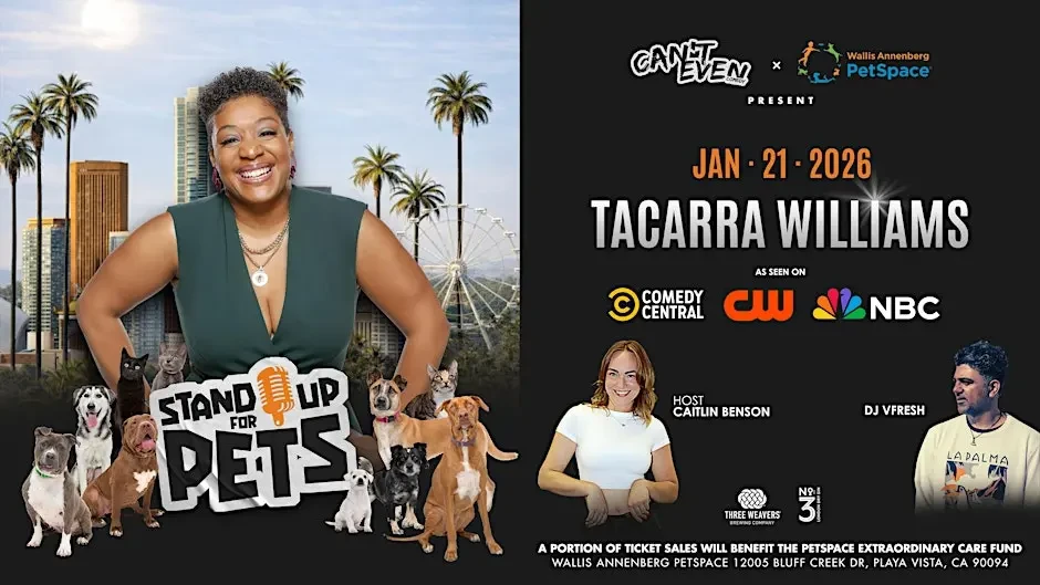 A poster for Stand Up for Pets with a woman with dark skin tone surrounded by dogs. 