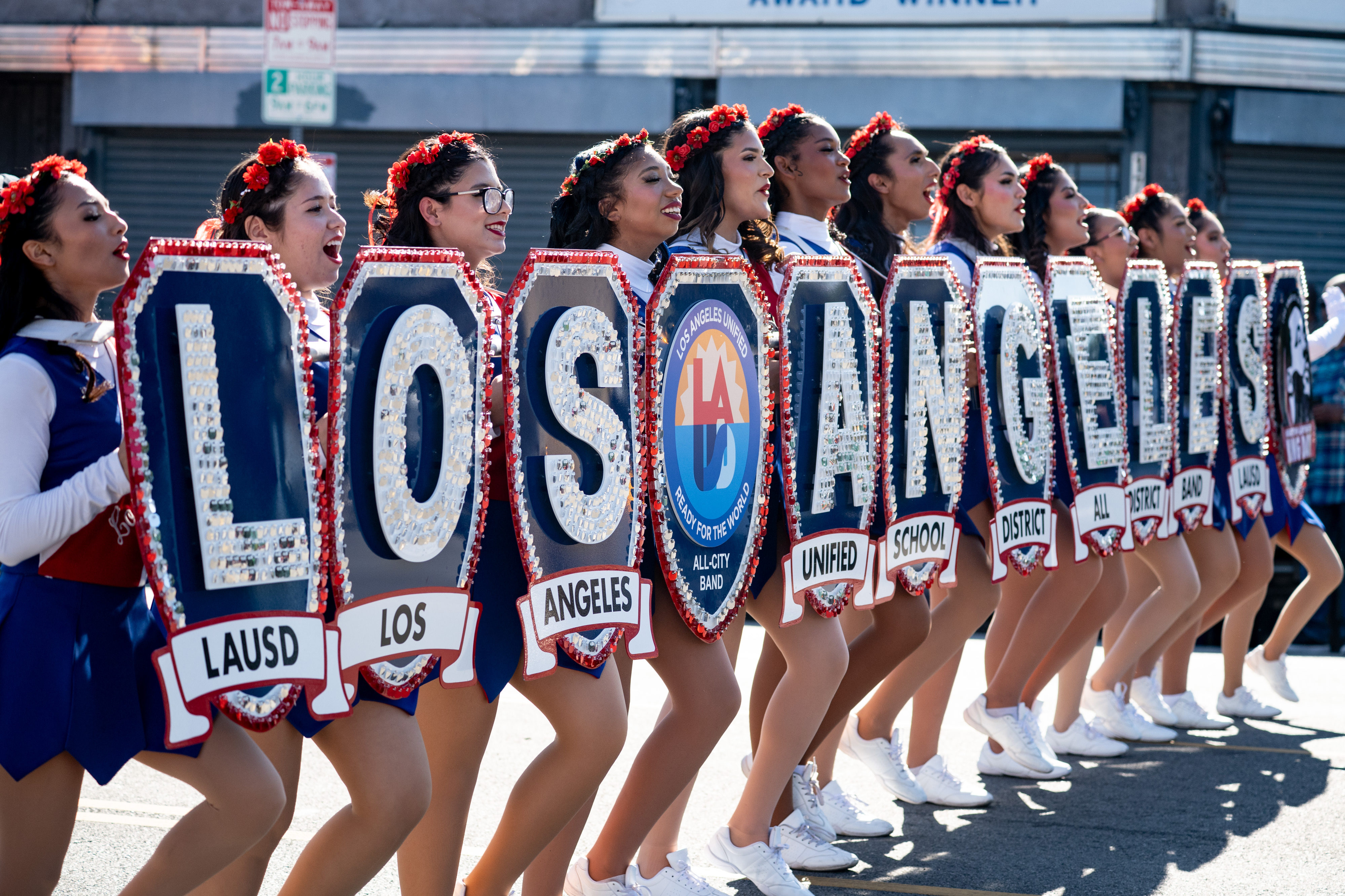 Members of the LAUSD all district band march in the...