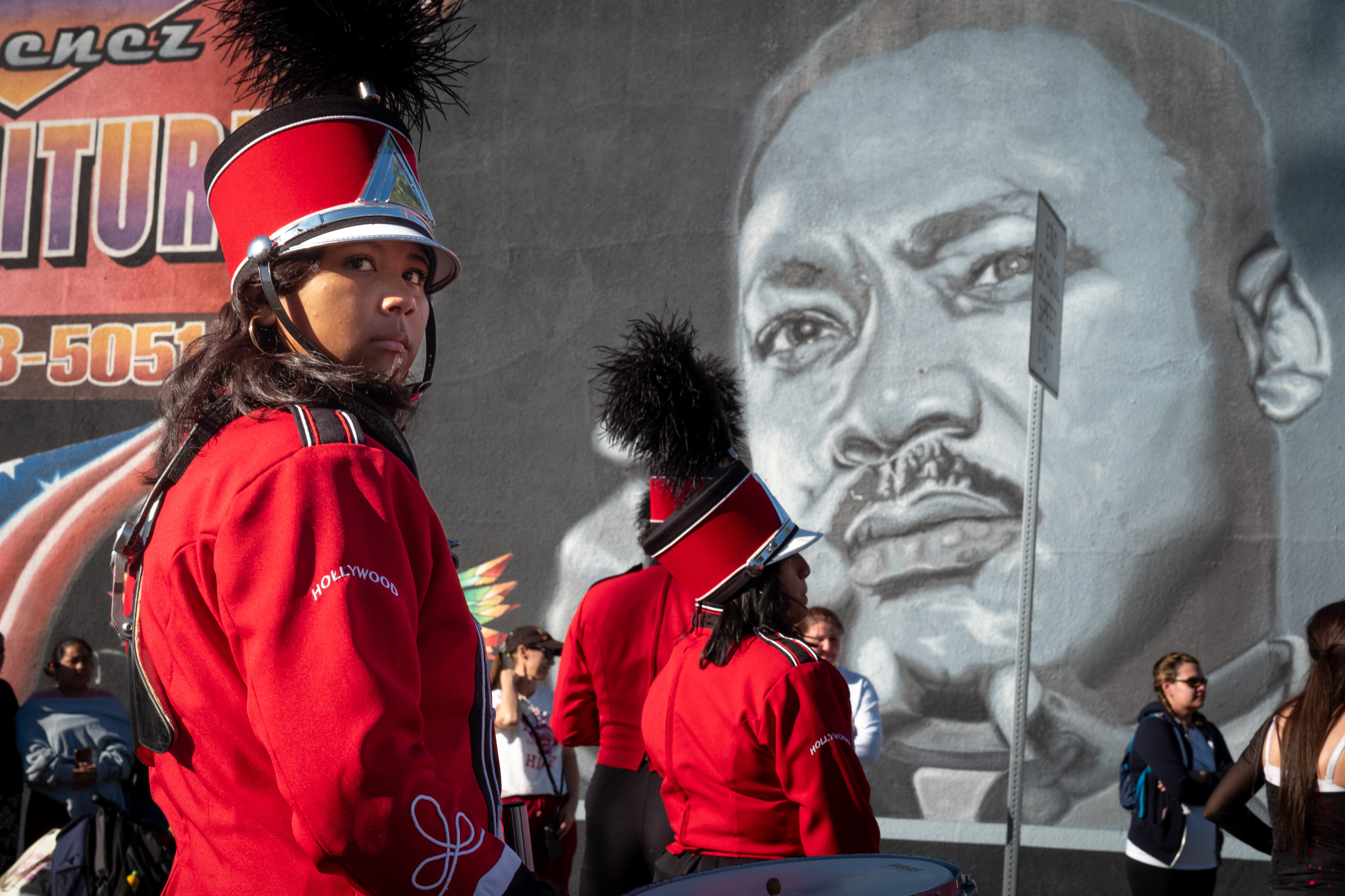 Members of the Hollywood High School marching band line up...