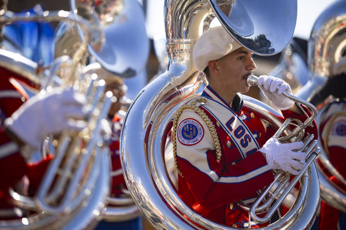 The Los Angeles Unified School District All City Honor Marching Band perform.