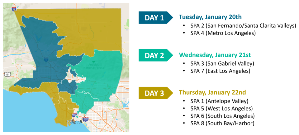 A map of the L.A. County area broken up into three colors: blue, yellow and green. A directory to the right lays out which days counting will happen in each area.