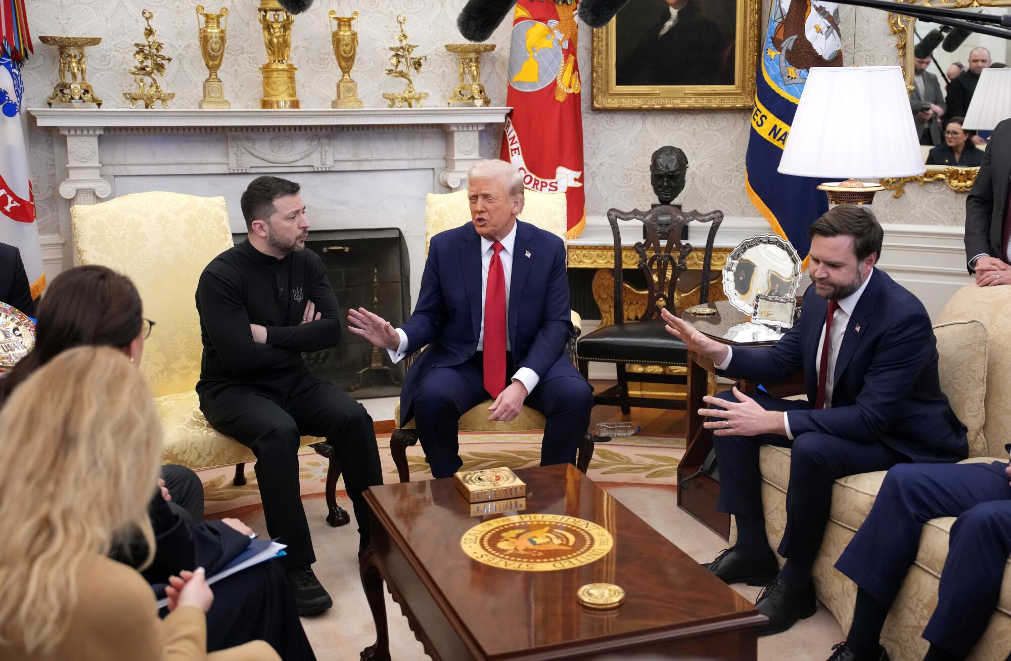 President Trump and Vice President JD Vance meet with Ukrainian President Volodymyr Zelensky in the Oval Office.