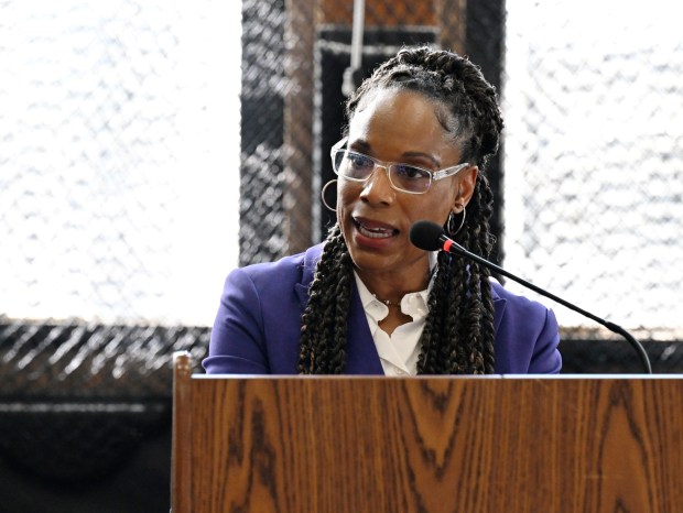 Dana Emerson, a College of Marin assistant superintendent, delivers the keynote address during the Martin Luther King Jr. Day celebration in Marin City, Calif., on Monday, Jan. 19, 2026. (Alan Dep/Marin Independent Journal)