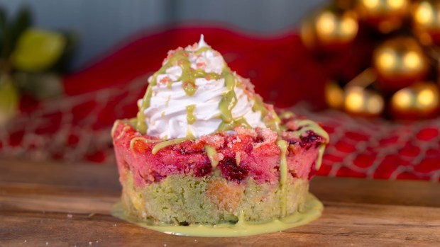Strawberry Green Tea Bread Pudding available at Aunt Cass Cafe during the 2026 Lunar New Year food festival at Disney California Adventure. (Courtesy of Disneyland)