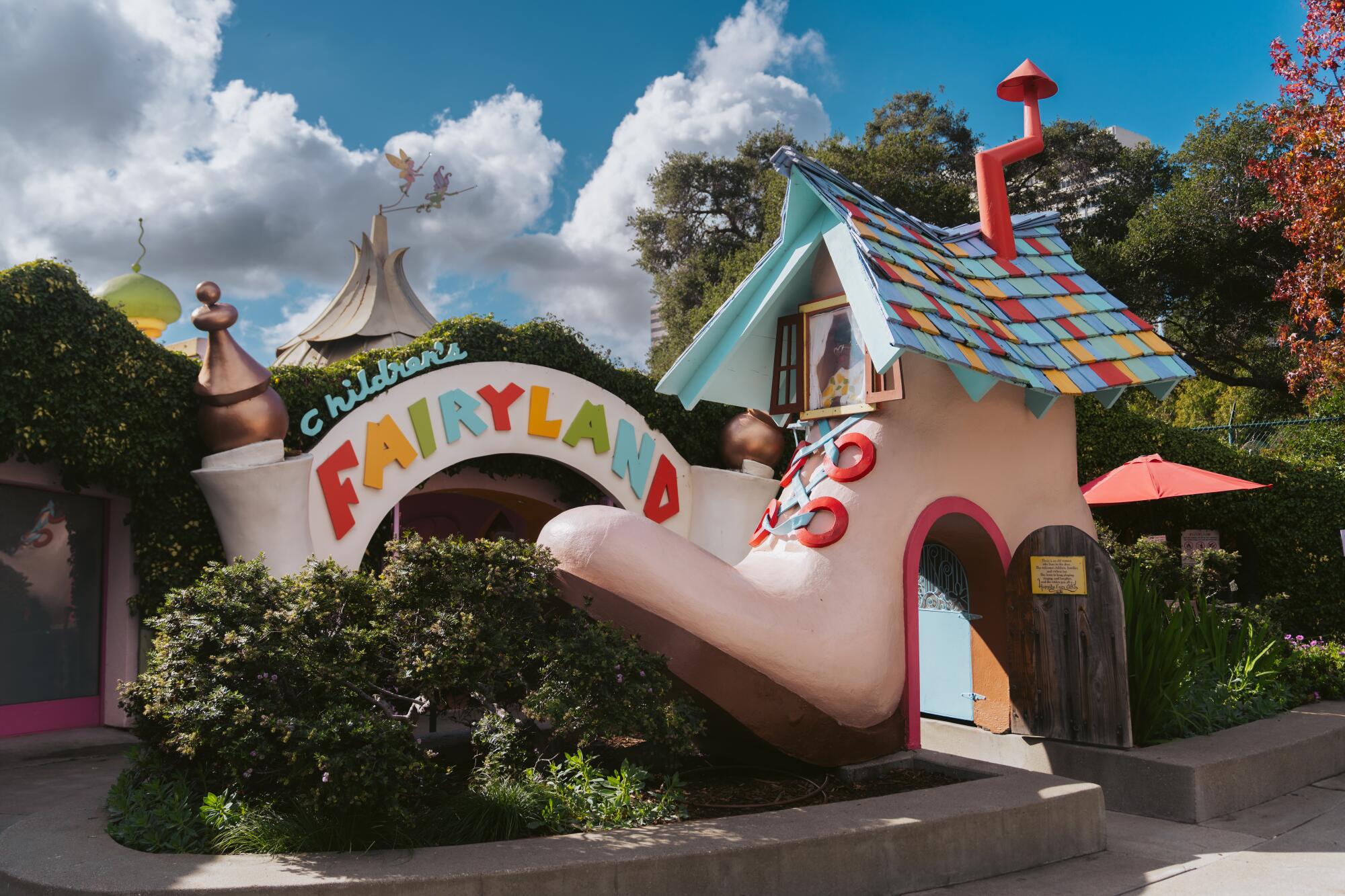 The entrance to Children's Fairyland is a nod to “There Was an Old Woman Who Lived in a Shoe."