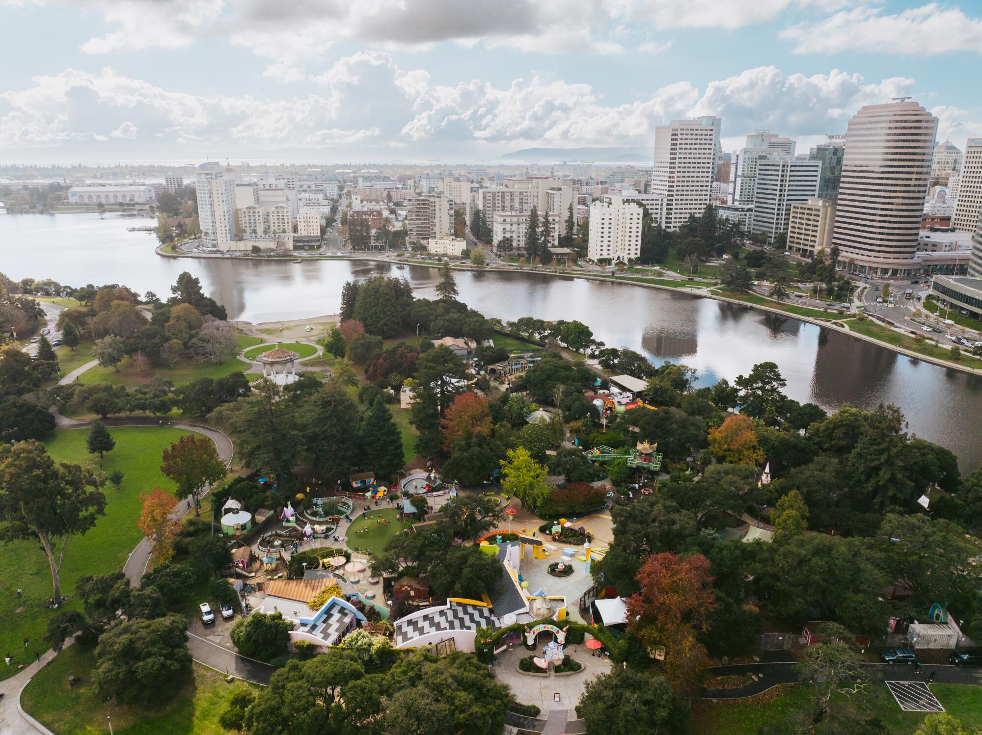 Children's Fairyland from above. The park is situated around Oakland's Lake Merritt.