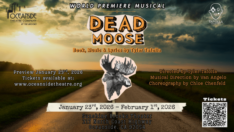 Poster for the musical Dead Moose featuring a flat landscape and a moose head graphic