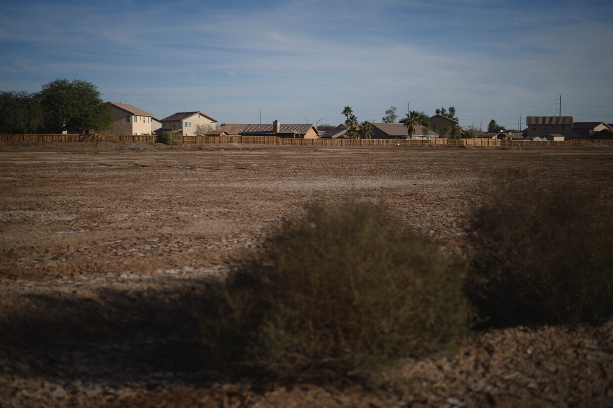 The planned site for a massive data center along Aten and Clark Road sits next to homes in the small city of Imperial, California, on December 18, 2025.