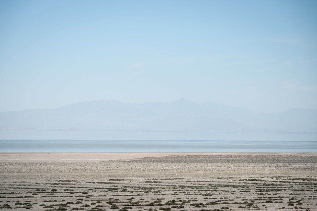 Furrows meant to slow down the wind and prevent it from picking up dust are seen from Red Hill Marina along the edge of the Salton Sea near Calipatria, California on April 21, 2025.
