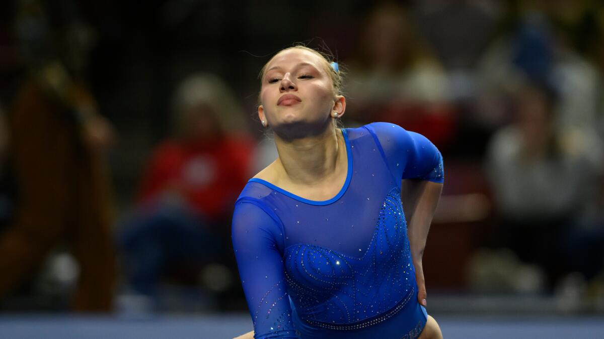 UCLA gymnast Ashlee Sullivan performs her floor routine during a quad meet in Utah on Jan. 10.