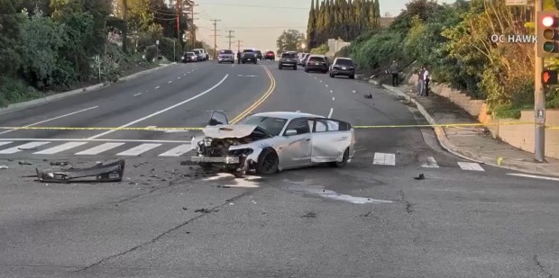 Suspected jewelry thieves crashed after stealing around $1 million in jewelry from Classic Jewelers in Anaheim Hills on Friday, Jan. 23, 2026, police said. (OC Hawk)