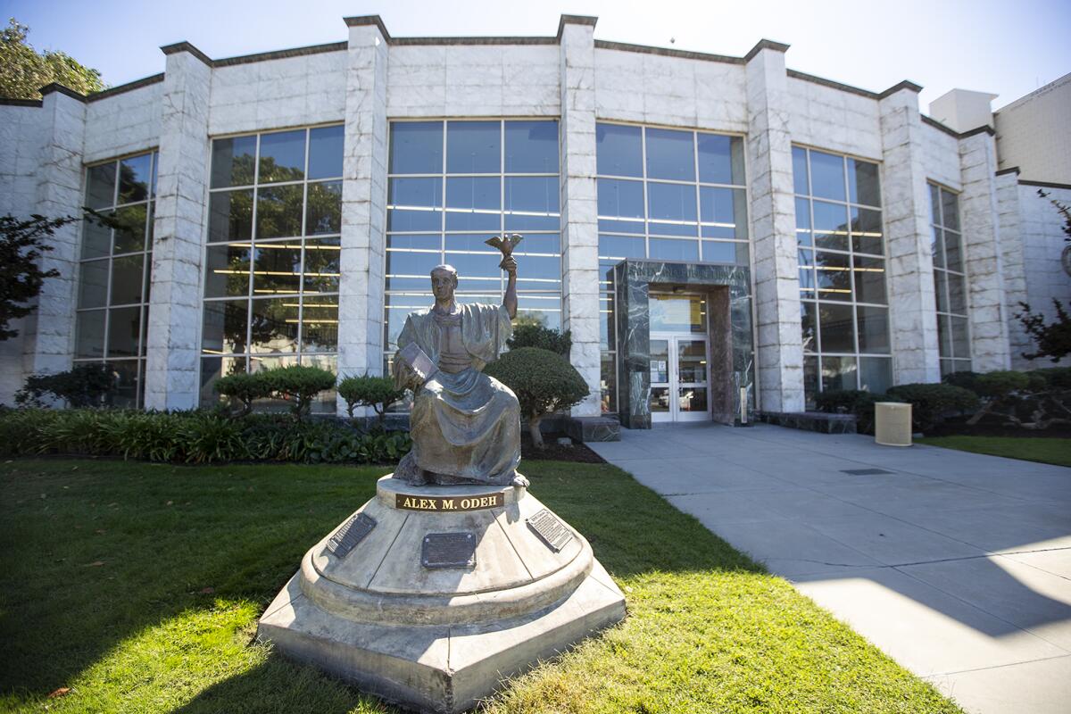 A statue dedicated to Alex Odeh, a Palestinian American activist displayed outside the Santa Ana Public Library.