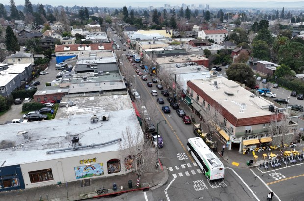 An aerial view of College Avenue from Russell Street looking towards Webster Street in Berkeley, Calif., on Wednesday, Jan. 21, 2026. Berkeley is considering up-zoning three commercial zones to encourage more housing development. (Jane Tyska/Bay Area News Group)