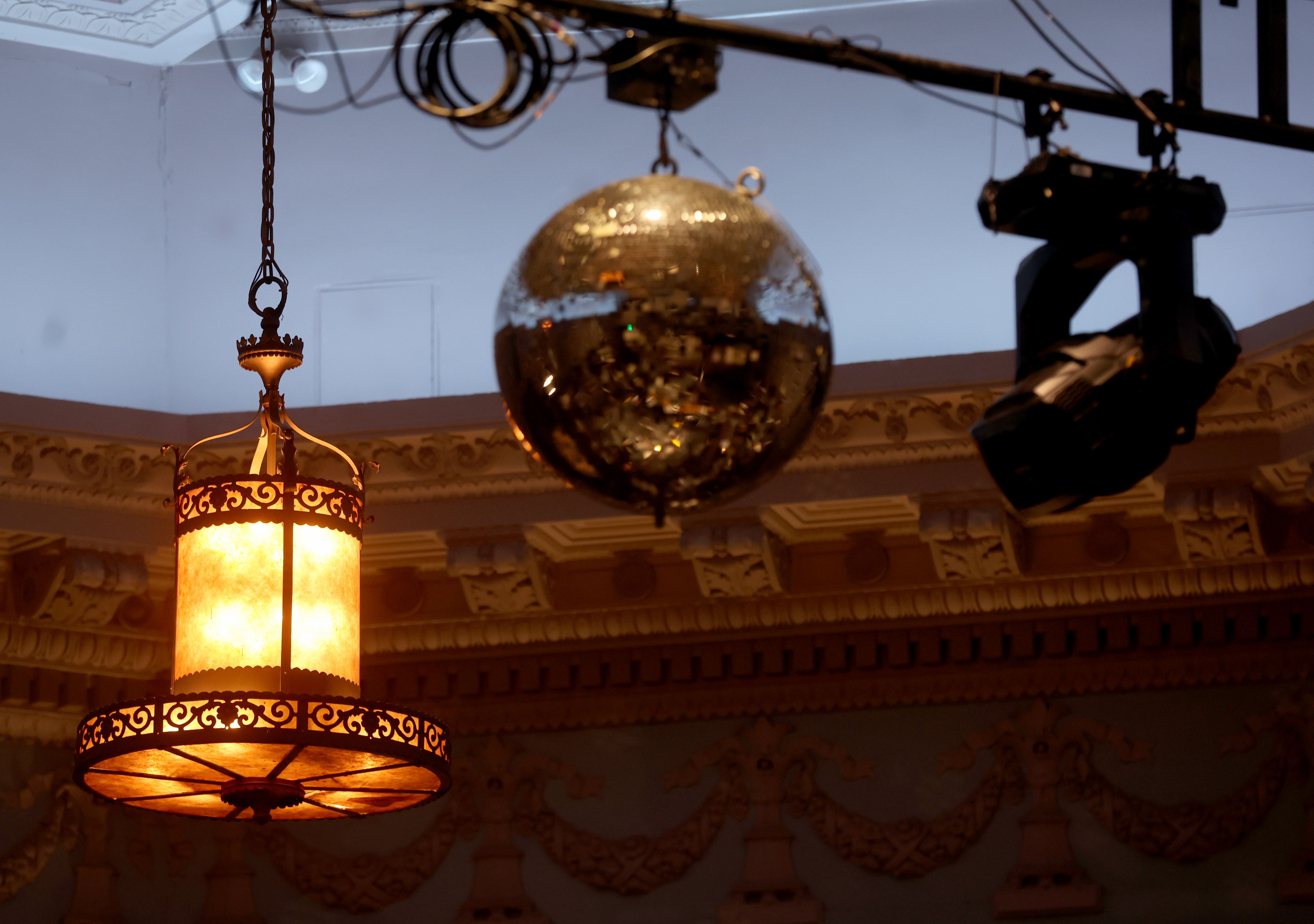 A view of a vintage light and mirror ball inside...