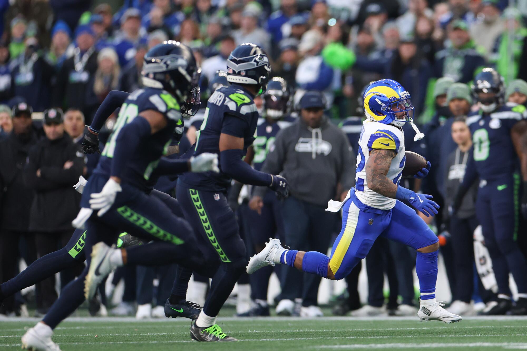 Rams running back Blake Corum carries the ball in the second quarter against the Seahawks on Sunday.