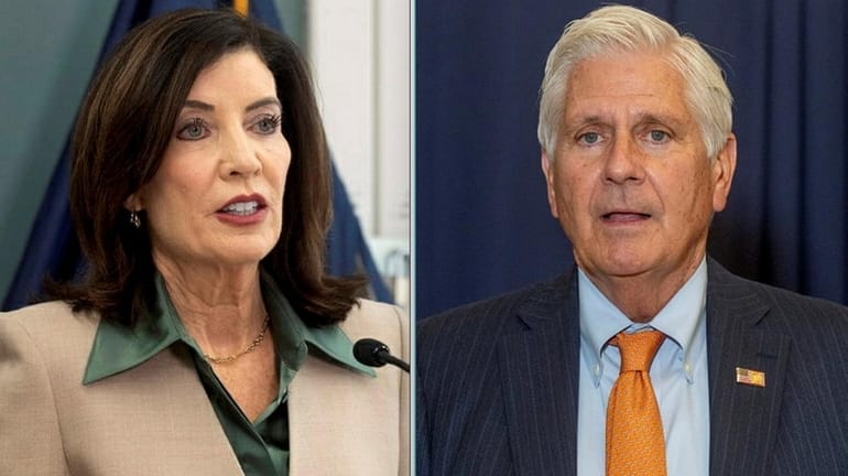 Gov. Kathy Hochul and Nassau County Executive Bruce Blakeman, her...