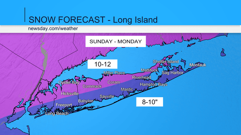This map shows Newsday meteorologist Geoff Bansen's updated snowfall predictions.