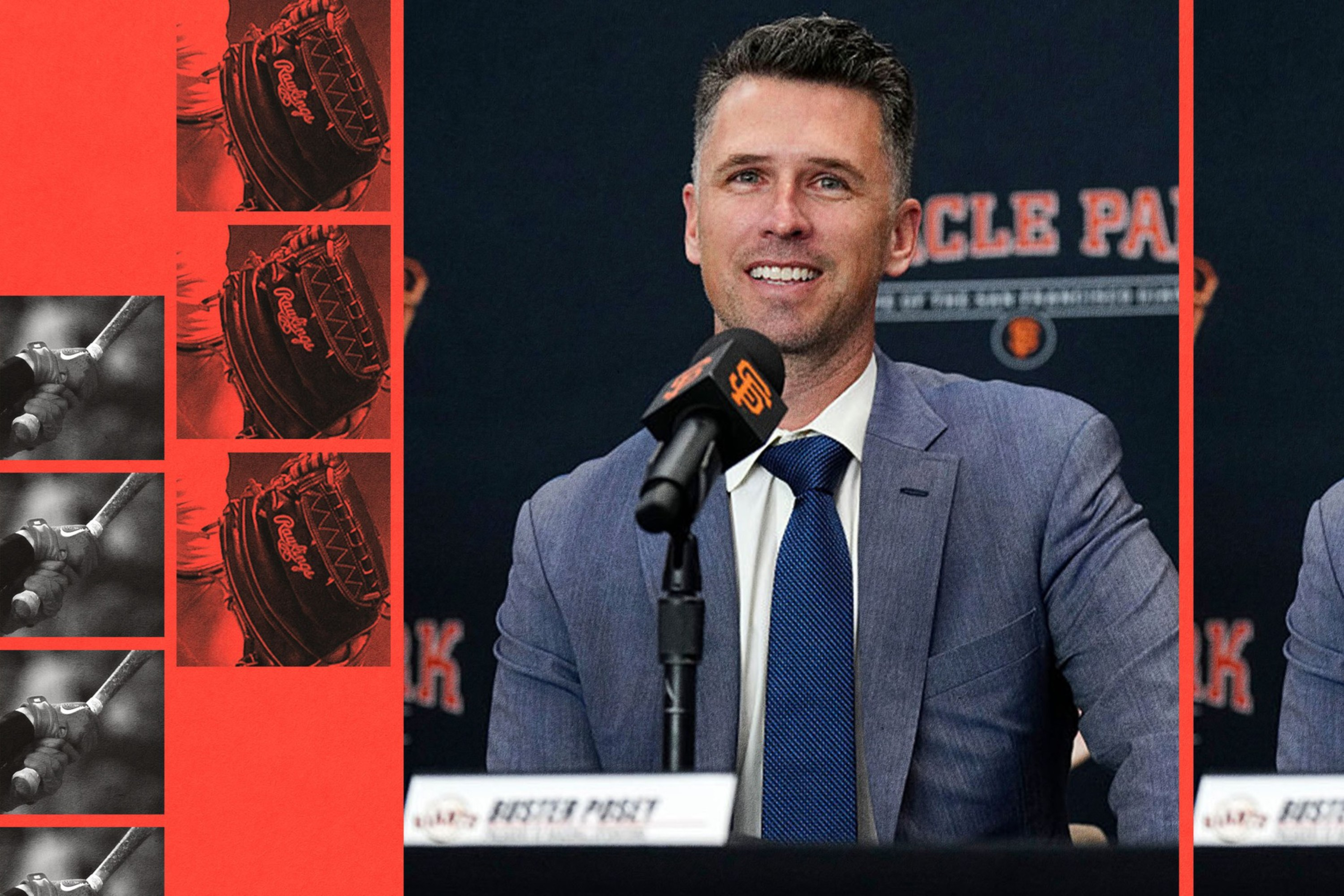 A man in a blue suit and tie smiles while speaking into a microphone at a press conference with a backdrop that reads "Oracle Park."