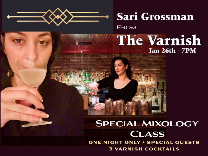 A poster for Remember the Varnish with a woman drinking a cocktail and a woman pouring a cocktail behind the bar. 