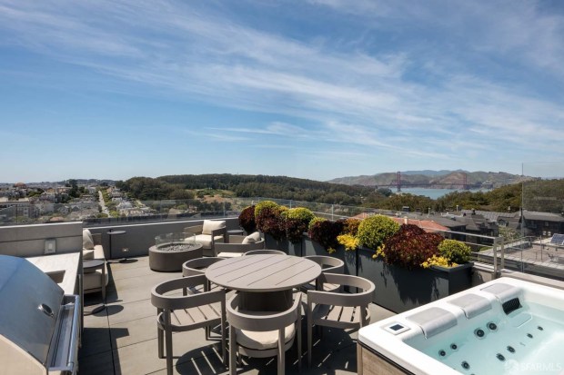 A rooftop jacuzzi with a view of the Golden Gate Bridge.