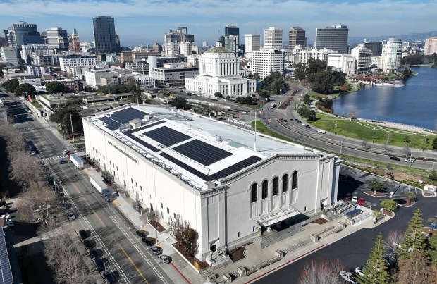 An aerial view of the newly-reopened Henry J. Kaiser Center for the Arts in Oakland, Calif., on Wednesday, Jan. 21, 2026. The building has been closed for 20 years and the grand opening is on Saturday. (Jane Tyska/Bay Area News Group)