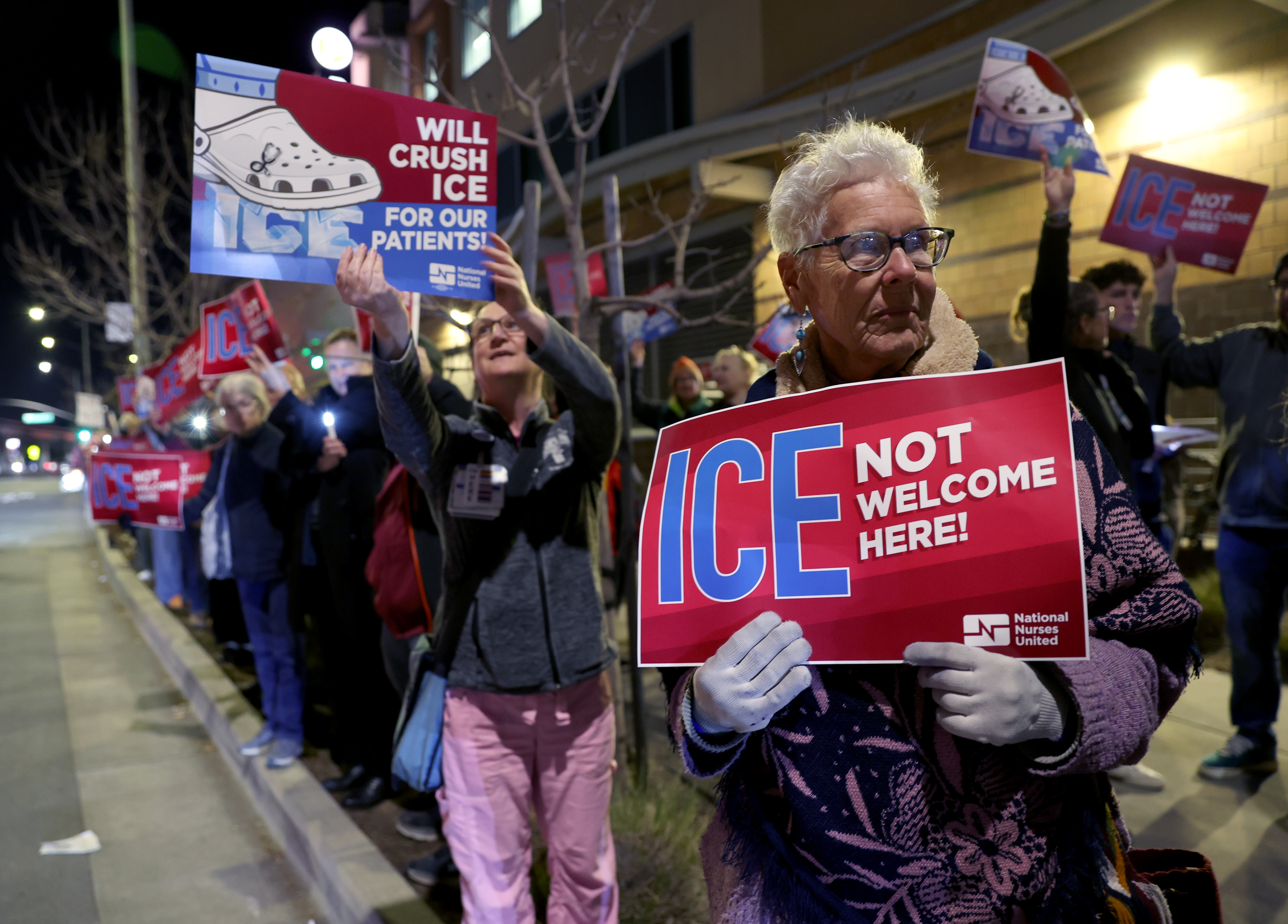 Retired nurse Gina Shepherd attends a protest outside of UCSF...