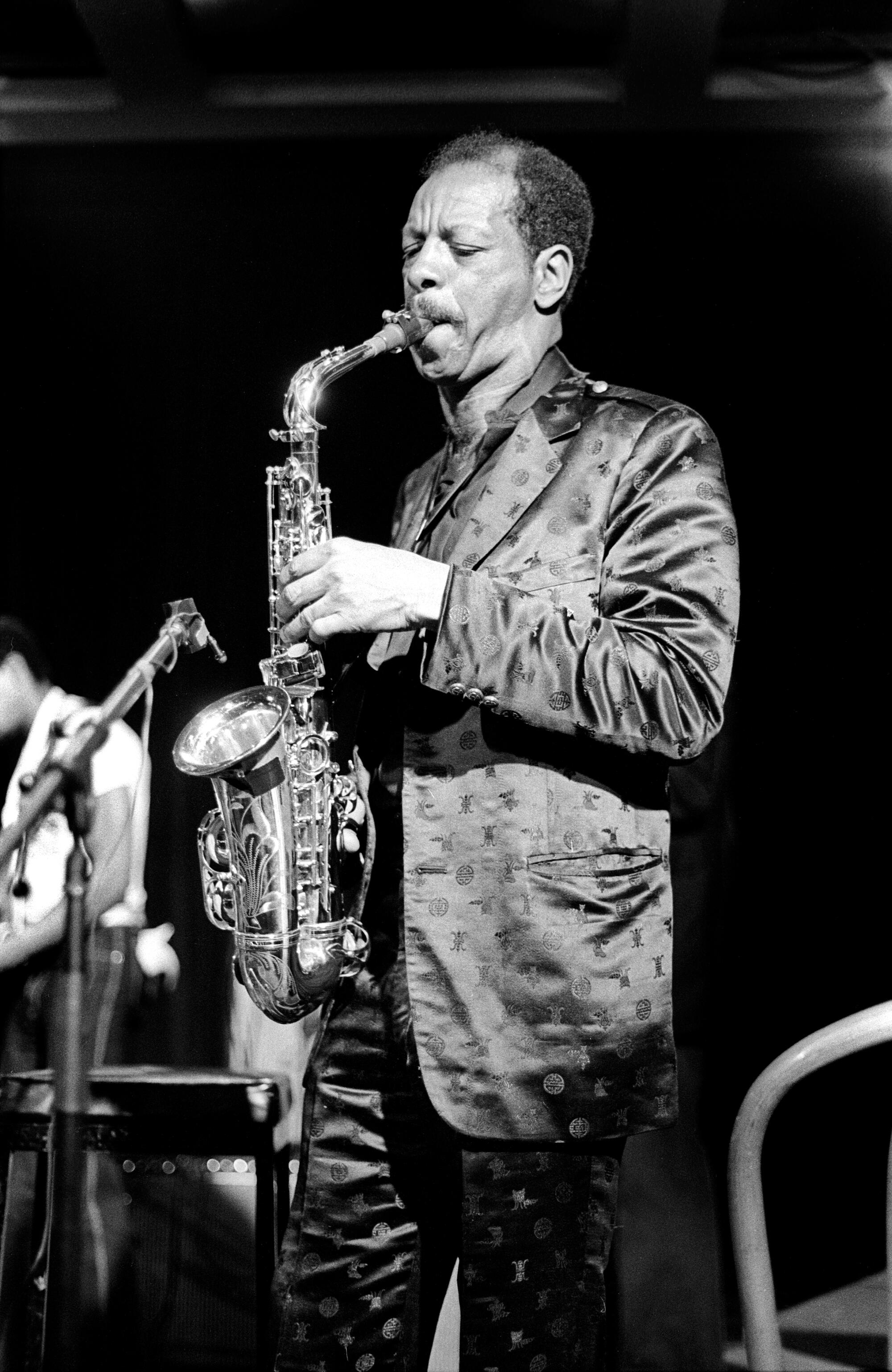 American Jazz musician Ornette Coleman (1930 - 2015) plays saxophone at the University of Illinois, Chicago, May 1982.